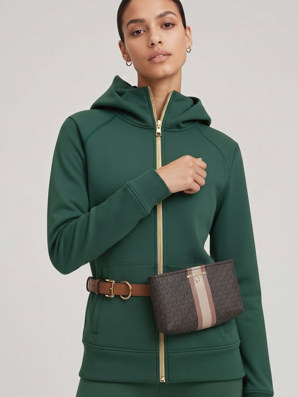 Michael Kors Brown Signature Crossbody Belt Bag with Tan Stripe
